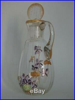 1 Ancienne Carafe Verrerie Legras Emaille Art Nouveau Decor Violettes Email & Or