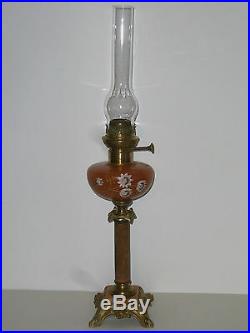 11B50 ANCIENNE LAMPE A PÉTROLE ART NOUVEAU VERRE EMAILLE MARBRE ROSE BRONZE XIXe