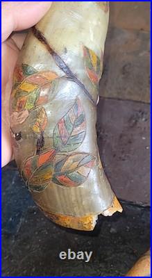 2 Anciennes corne de bovin vache 28 cm Gravé Art Nouveau Libellules, Scarabée