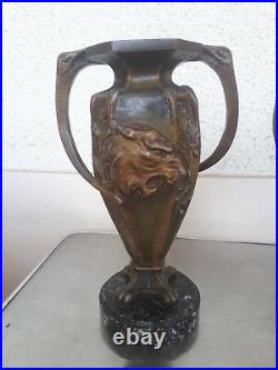 2 Anciens Vases Art Nouveau Lion Tigre Sculptes 1900 Bronze Marbre