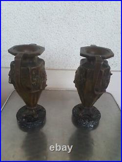 2 Anciens Vases Art Nouveau Lion Tigre Sculptes 1900 Bronze Marbre