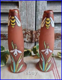 2 Anciens Vases Terre De Fer Longchamp Emailles Art Nouveau Decor Abeilles