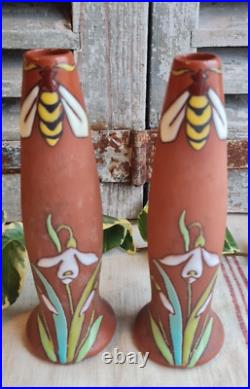 2 Anciens Vases Terre De Fer Longchamp Emailles Art Nouveau Decor Abeilles