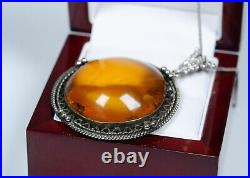 800 Argent Style Ancien Art Déco/Art Nouveau Pendentif Butterscotch Ambre