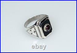 835 Argent Style Ancien Art Nouveau Hommes-Bague / Chevalière Grenat Et