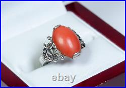 935 Argent Style Ancien Art Nouveau Anneau Naturelle Corail Marcassites