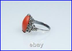 935 Argent Style Ancien Art Nouveau Anneau Naturelle Corail Marcassites