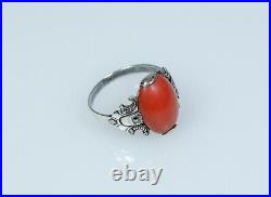 935 Argent Style Ancien Art Nouveau Anneau Naturelle Corail Marcassites