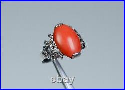 935 Argent Style Ancien Art Nouveau Anneau Naturelle Corail Marcassites