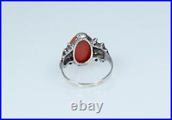 935 Argent Style Ancien Art Nouveau Anneau Naturelle Corail Marcassites