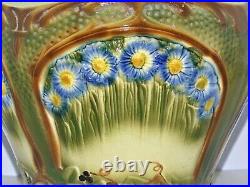 ANCIEN GRAND CACHE POT BARBOTINE DIGOIN ART NOUVEAU à décor de fleurs Bleues