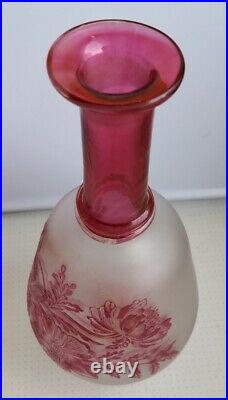 ANCIENNE CARAFE GRAVEE A L'ACIDE ART NOUVEAU 1900 Fleurs Glass Vase