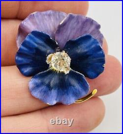 Ancien Art Nouveau 14k or Jaune Email Violet & Zircone Pensée Fleur Broche 15.3g