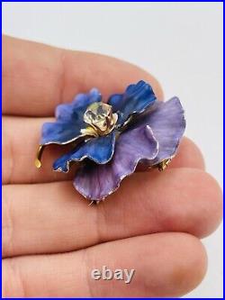 Ancien Art Nouveau 14k or Jaune Email Violet & Zircone Pensée Fleur Broche 15.3g