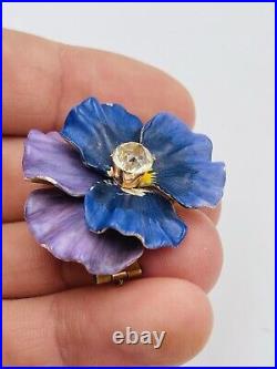 Ancien Art Nouveau 14k or Jaune Email Violet & Zircone Pensée Fleur Broche 15.3g