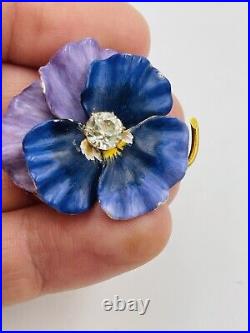 Ancien Art Nouveau 14k or Jaune Email Violet & Zircone Pensée Fleur Broche 15.3g