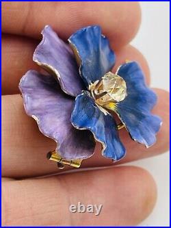 Ancien Art Nouveau 14k or Jaune Email Violet & Zircone Pensée Fleur Broche 15.3g