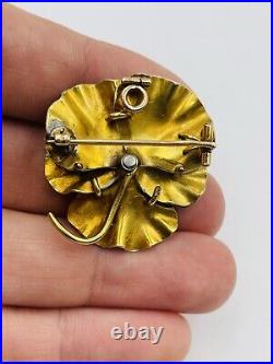 Ancien Art Nouveau 14k or Jaune Email Violet & Zircone Pensée Fleur Broche 15.3g