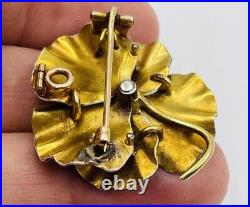 Ancien Art Nouveau 14k or Jaune Email Violet & Zircone Pensée Fleur Broche 15.3g