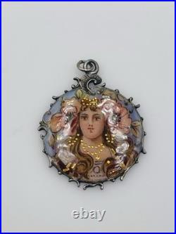 Ancien Art Nouveau Argent Sterling Émail Museum Qualité Femme Pendentif