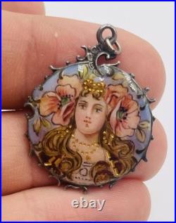 Ancien Art Nouveau Argent Sterling Émail Museum Qualité Femme Pendentif