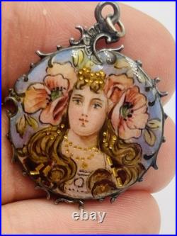 Ancien Art Nouveau Argent Sterling Émail Museum Qualité Femme Pendentif