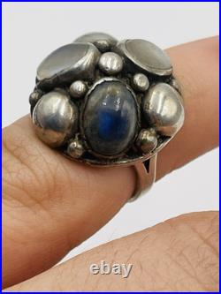 Ancien Art Nouveau Argent Sterling Pierre de Lune & Labradorite Taille Bague 5 Ancien Art Nouveau Argent Sterling Pierre de Lune & Labradorite Taille Bague 5