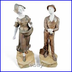 Ancien Art Nouveau Bernard Bloch Schoop Porcelaine Paire Figurine Fermier Paysan