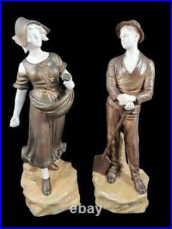 Ancien Art Nouveau Bernard Bloch Schoop Porcelaine Paire Figurine Fermier Paysan