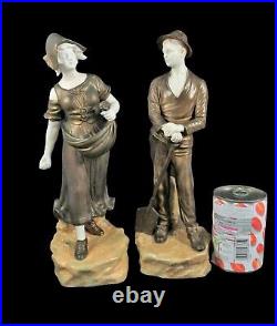 Ancien Art Nouveau Bernard Bloch Schoop Porcelaine Paire Figurine Fermier Paysan