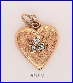 Ancien Art Nouveau Coeur Trois Feuille Trèfle Diamant 18k or Jaune Pendentif