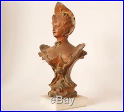 Ancien Art Nouveau Dame Bronze Spelter Statue Buste Villanis Style c. 1900 #2