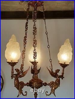 Ancien Art Nouveau Laiton & Glass Eclairage Lustre au plafond Lampe