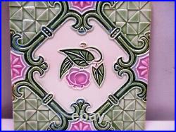 Ancien Art Nouveau Majolique Carreau Rose Fleur Géométrique Design Ciselé Gree