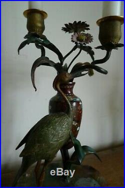 Ancien Bougeoir Decor Heron Echassier Vase Emaille Cloisonne Epoque Art Nouveau