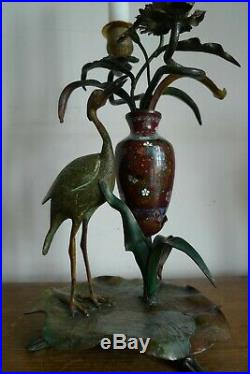 Ancien Bougeoir Decor Heron Echassier Vase Emaille Cloisonne Epoque Art Nouveau