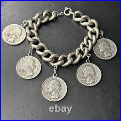 Ancien Bracelet Gourmette En Argent Massif Silver Monnaie tank art nouveau deco