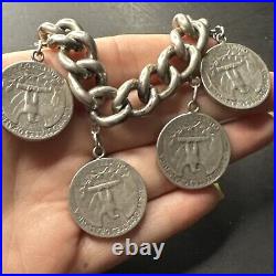 Ancien Bracelet Gourmette En Argent Massif Silver Monnaie tank art nouveau deco