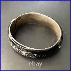 Ancien Bracelet jonc Argent Massif Silver victorian émailler noir art nouveau