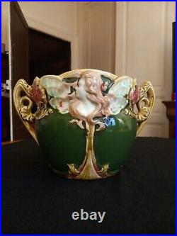 Ancien Cache Pot Jardiniere Onnaing N°824 Femme Papillon Nymphe Art Nouveau