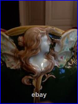 Ancien Cache Pot Jardiniere Onnaing N°824 Femme Papillon Nymphe Art Nouveau