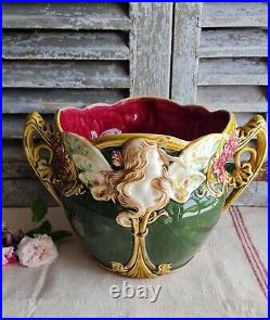 Ancien Cache Pot Jardinniere Onnaing N°824 Femme Papillon Nymphe Art Nouveau