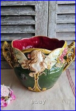 Ancien Cache Pot Jardinniere Onnaing N°824 Femme Papillon Nymphe Art Nouveau