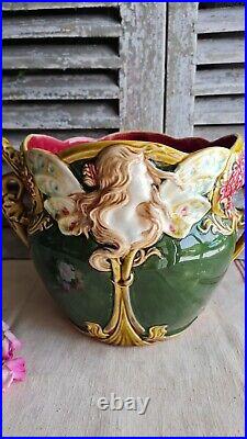 Ancien Cache Pot Jardinniere Onnaing N°824 Femme Papillon Nymphe Art Nouveau