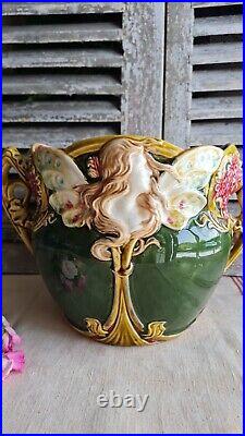 Ancien Cache Pot Jardinniere Onnaing N°824 Femme Papillon Nymphe Art Nouveau