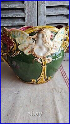 Ancien Cache Pot Jardinniere Onnaing N°824 Femme Papillon Nymphe Art Nouveau