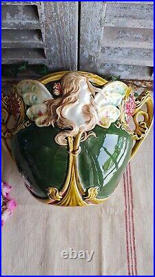 Ancien Cache Pot Jardinniere Onnaing N°824 Femme Papillon Nymphe Art Nouveau