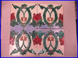 Ancien Carreau Art Nouveau Guirlande Fleurs Feuille Design Porcelaine 4 PC Lot