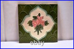 Ancien Carreau Art Nouveau Majolique Céramique Porcelaine Rose Fleur Vert 1