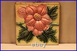 Ancien Carreau Art Nouveau Majolique Dk Japon Céramique Floral Ciselé Feuille